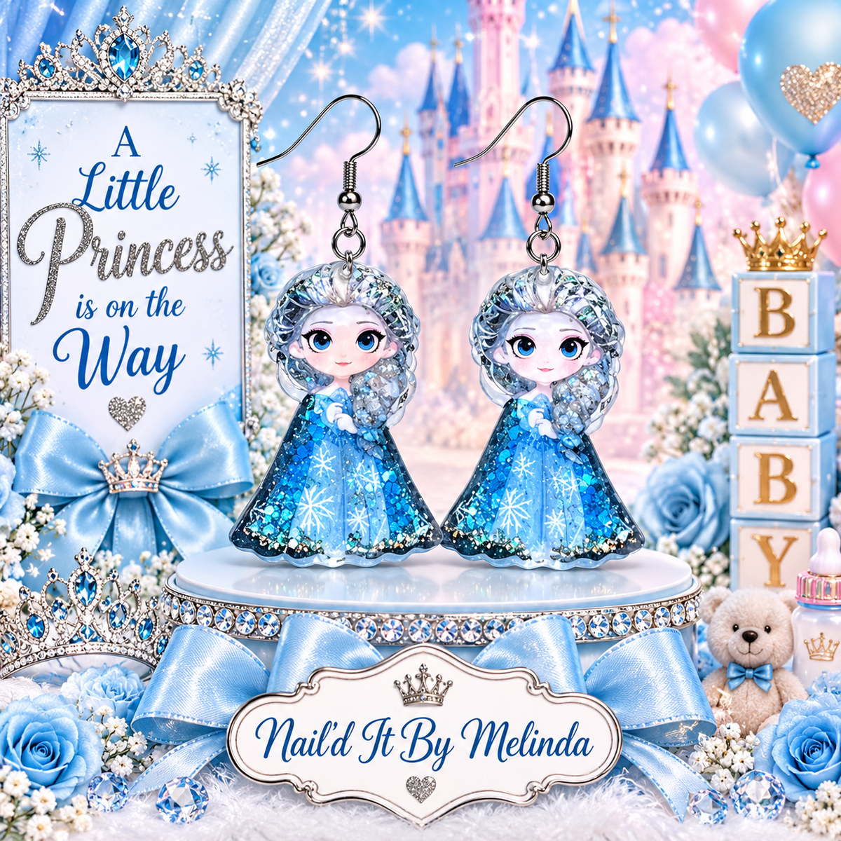 Queen Elsa Frozen Blue Glitter Dangle Earrings - branded icy castle background