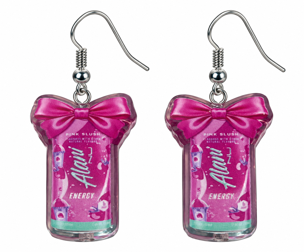 Alani Nu Pink Slush energy dangle earrings – product close-up on white background