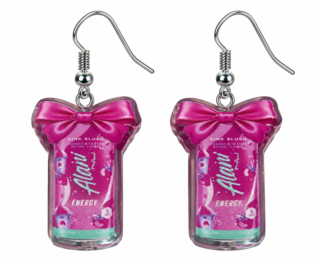 Alani Nu Pink Slush energy dangle earrings – product close-up on white background