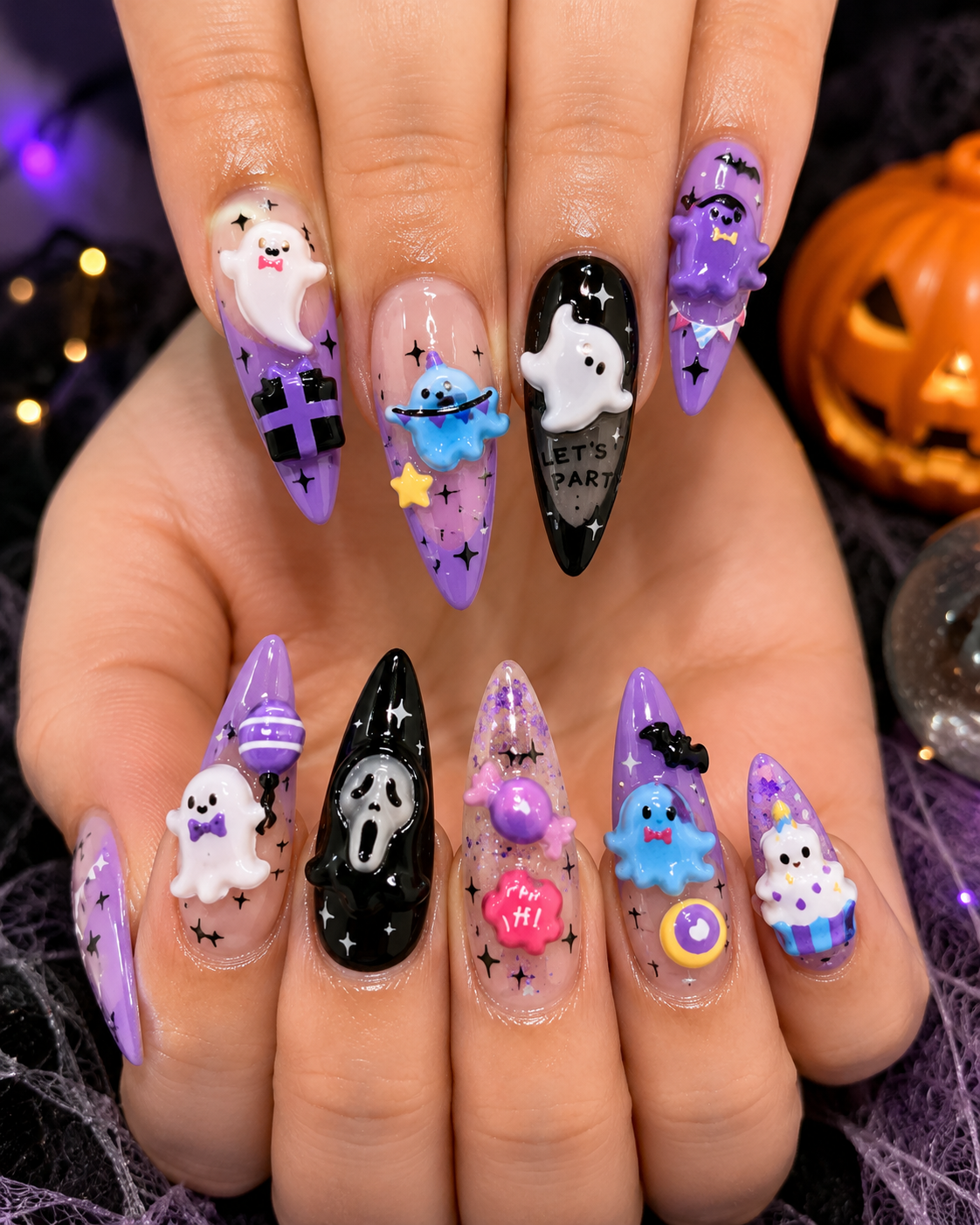 Kawaii ghost nail stickers used on purple Halloween nail art