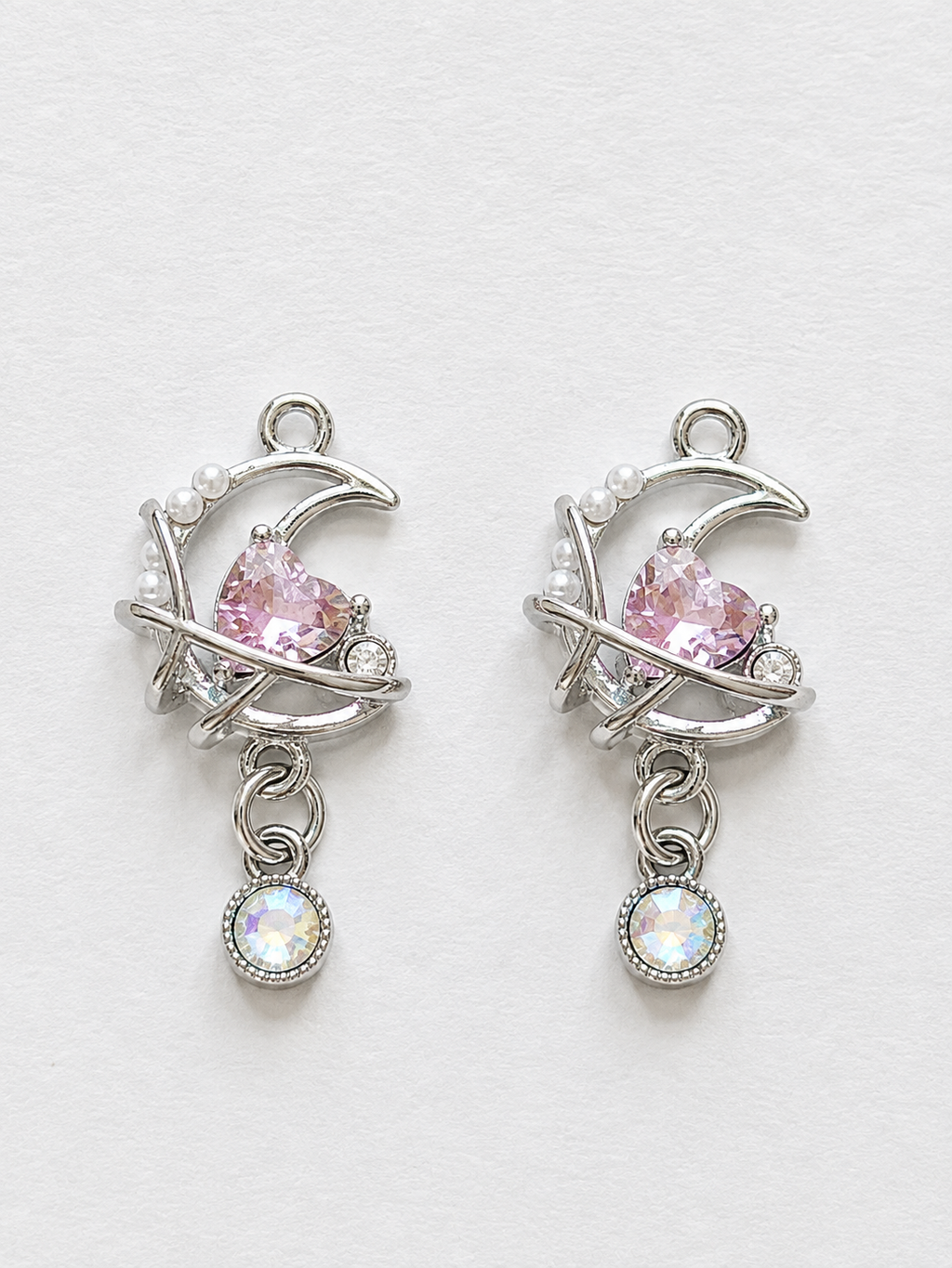 Silver Crescent Moon Pink Heart Crystal & Dangling Gem Earrings – Pink with a Purpose