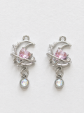 Silver Crescent Moon Pink Heart Crystal & Dangling Gem Earrings – Pink with a Purpose