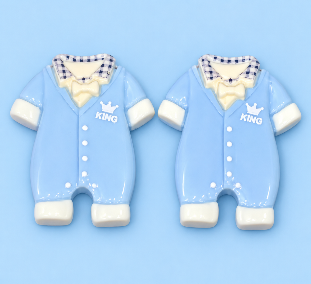 Little King romper charm close-up – blue baby boy earrings