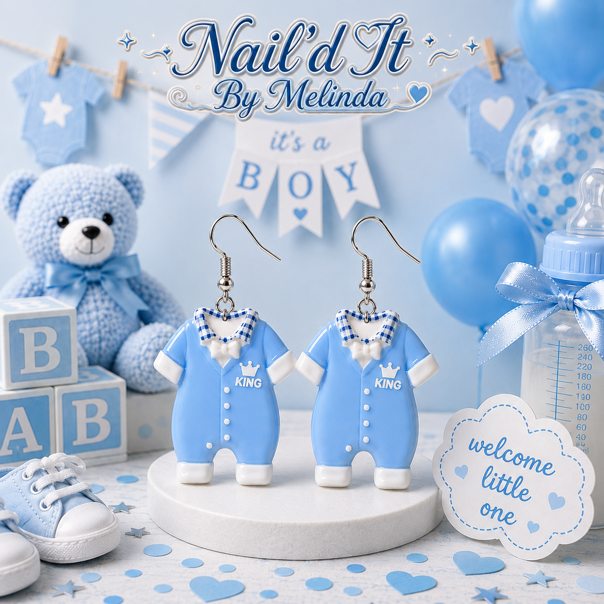 Little King romper earrings – Nail'd It By Melinda logo mockup