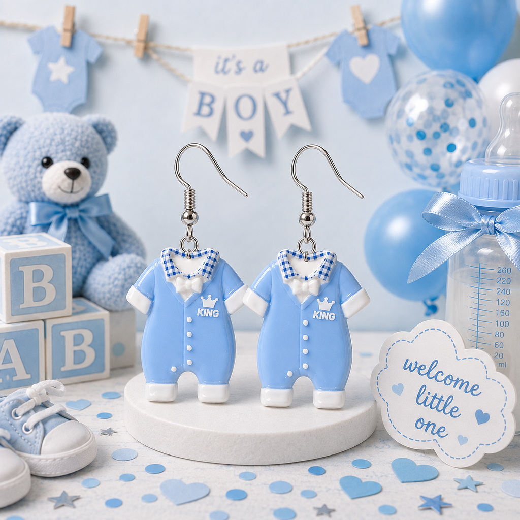 Little King It's a Boy romper earrings – baby shower styled mockup