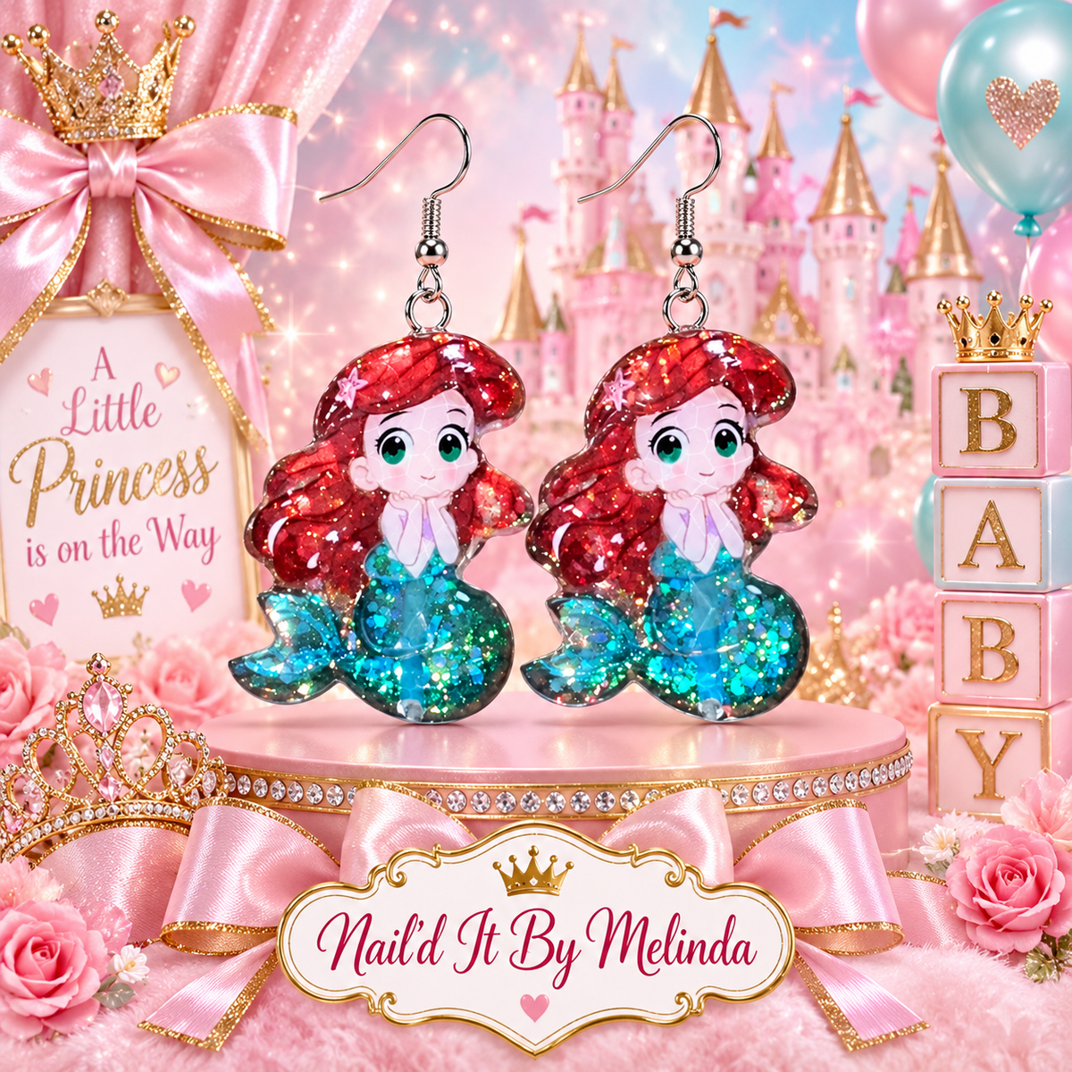 Ariel Little Mermaid Glitter Dangle Earrings - branded princess castle background