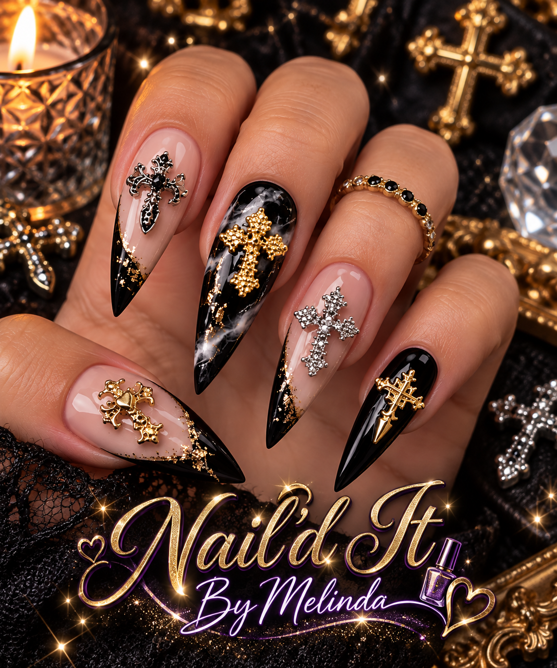 Gothic Cross Nail Charms lifestyle shot with Nail'd It By Melinda branding – dark glam nail art