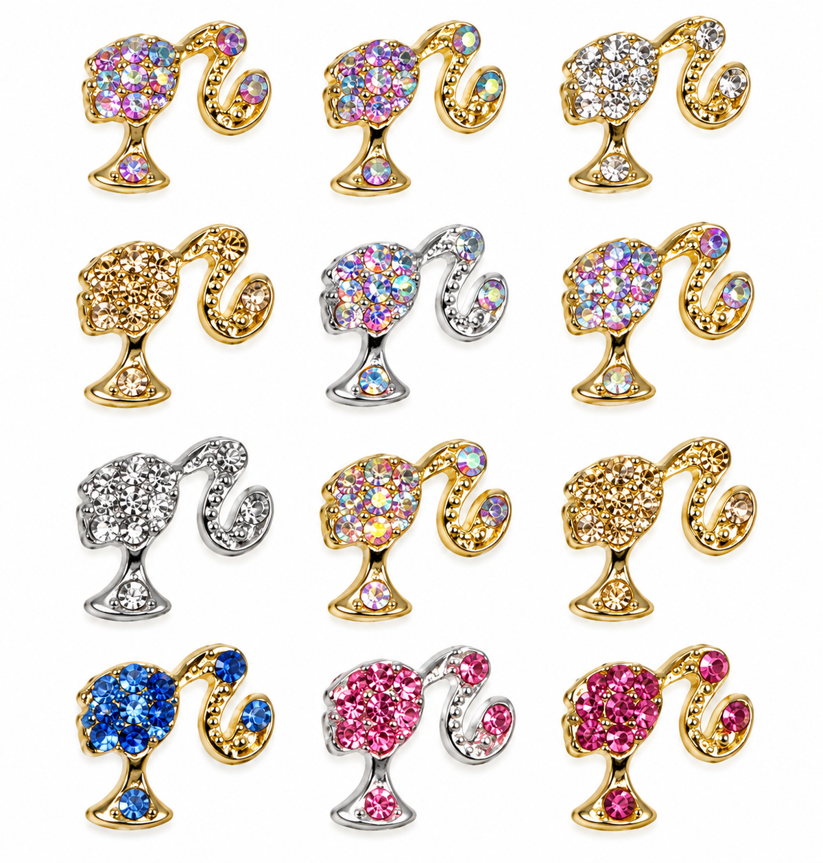 BB rhinestone nail charms close-up showing all 12 color variations