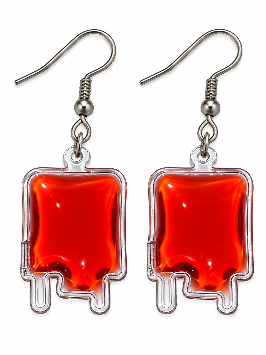 Red liquid blood bag Halloween earrings with silver-tone fishhook ear wires