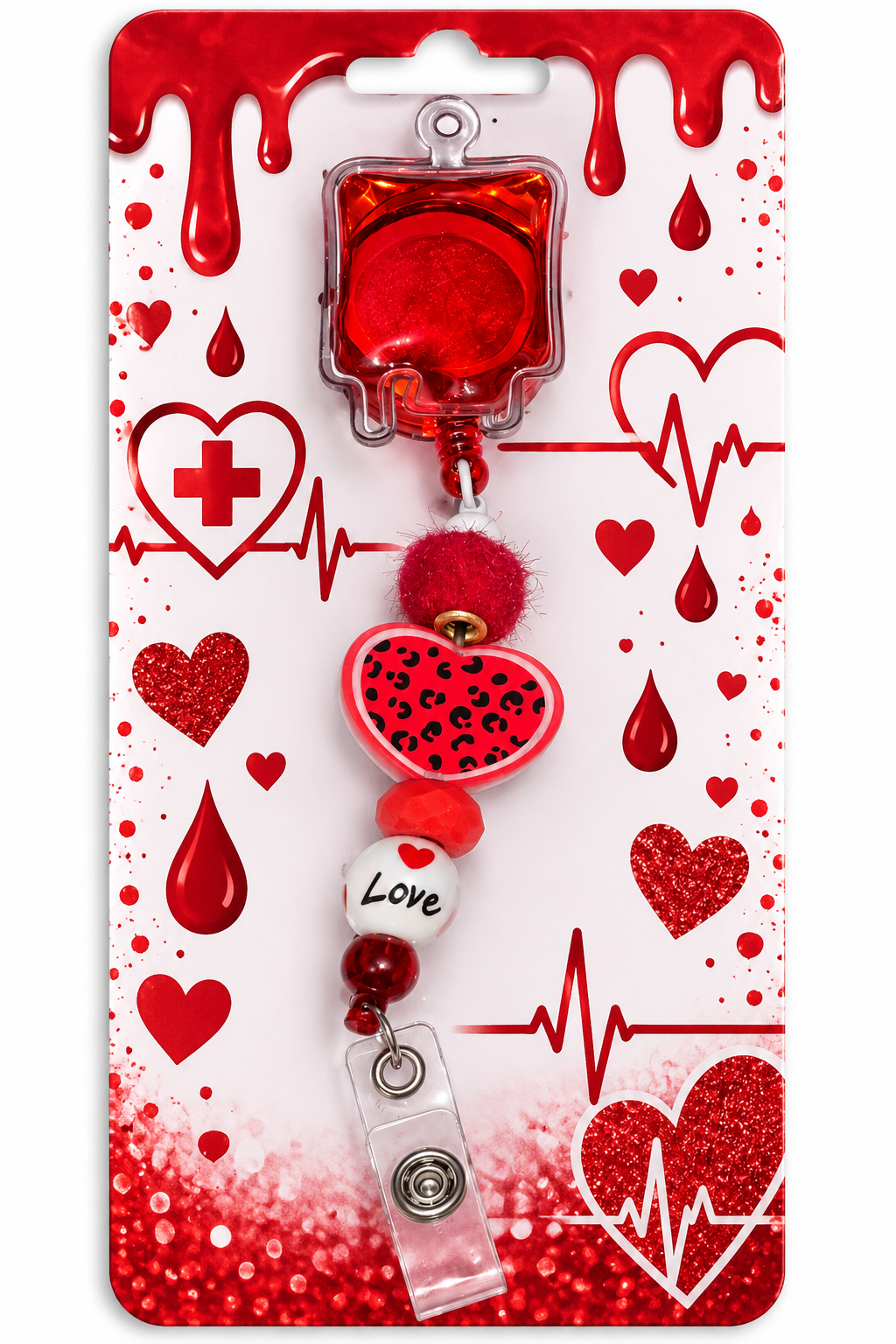 Red blood bag retractable badge reel with leopard heart and Love beads on branded packaging