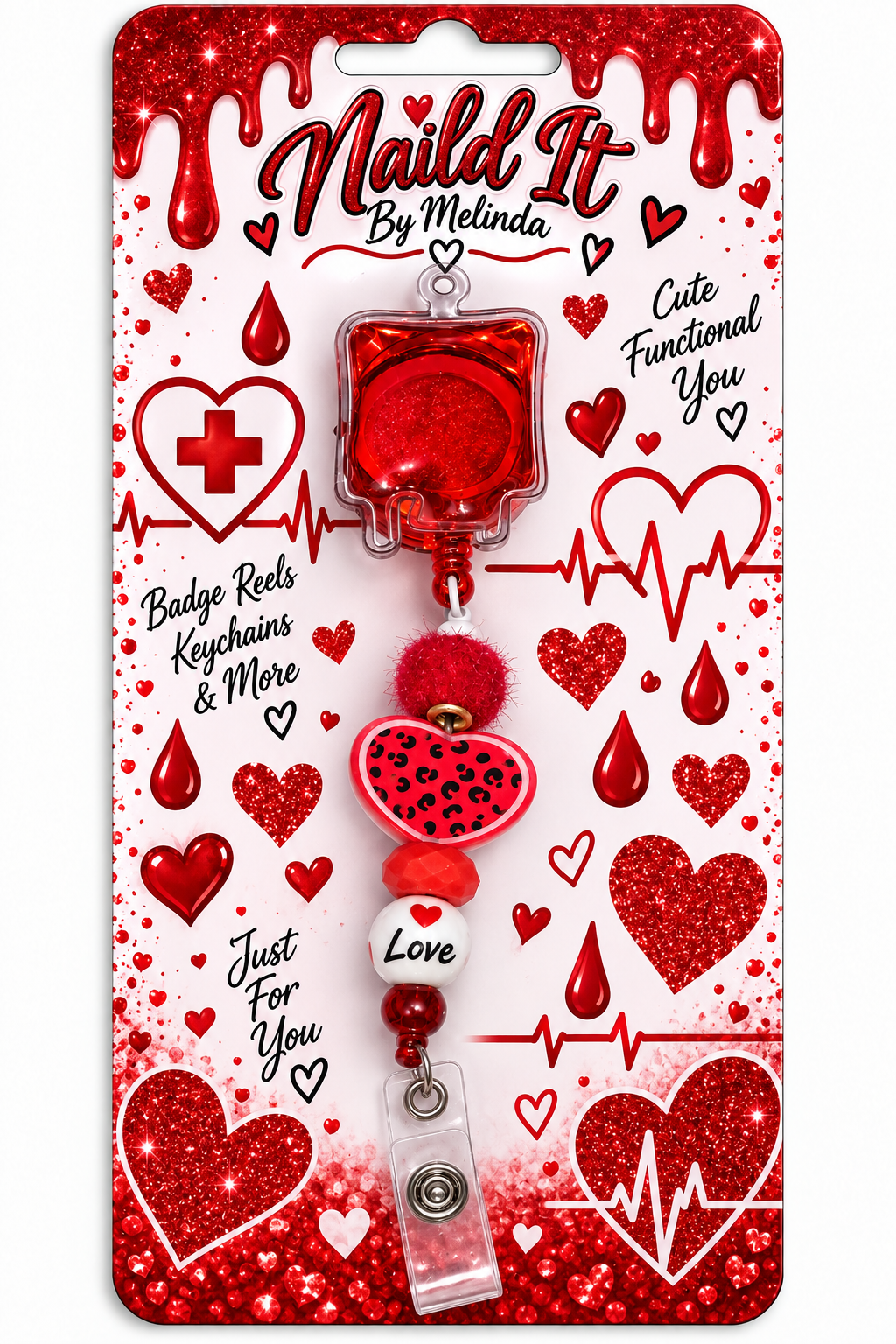 Close-up of red blood bag badge reel with healthcare hearts and blood drop graphics