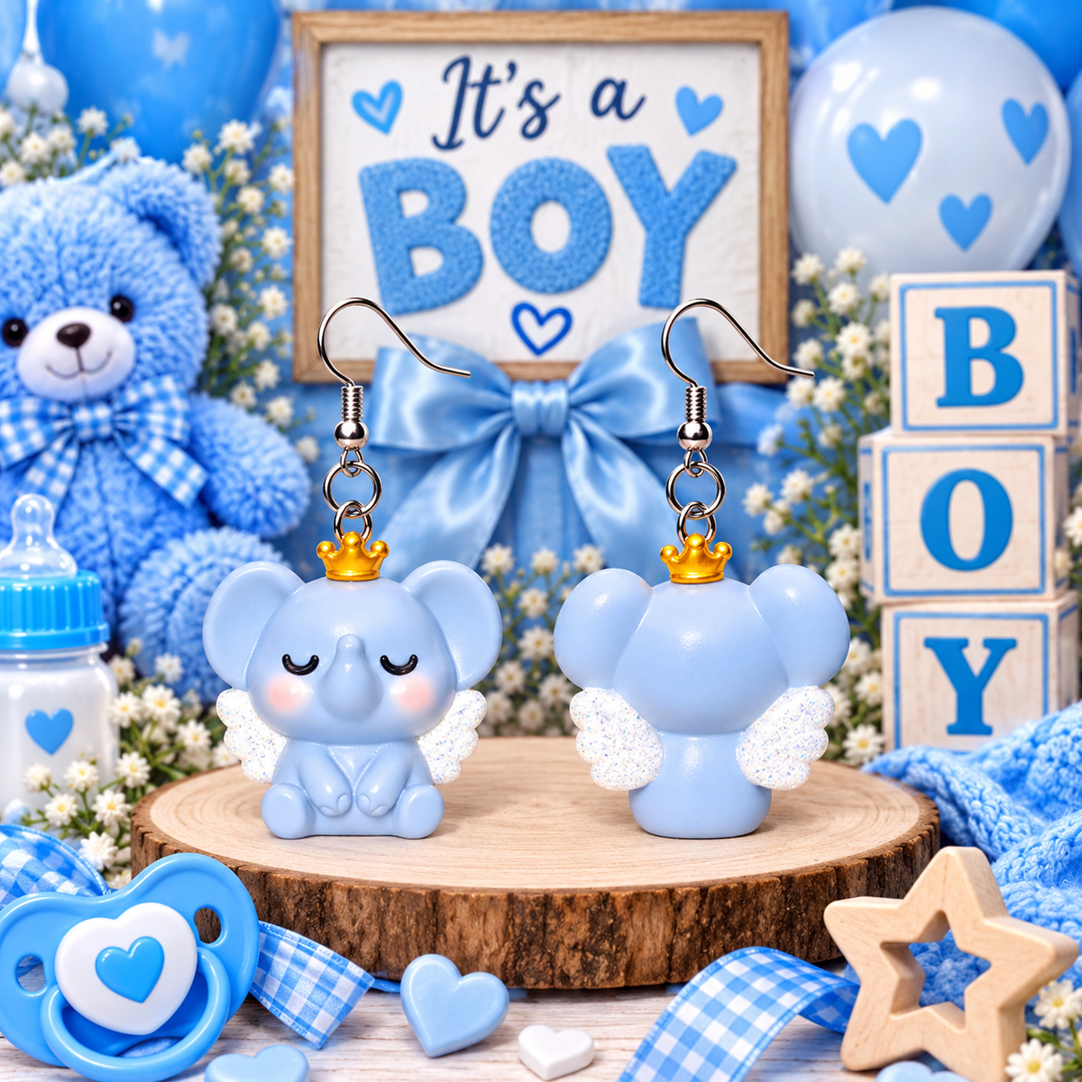 Little Prince angel wing elephant earrings – It's a Boy baby shower styled mockup