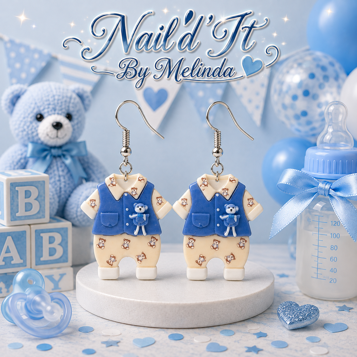 Teddy & Me baby boy outfit earrings – Nail'd It By Melinda logo mockup