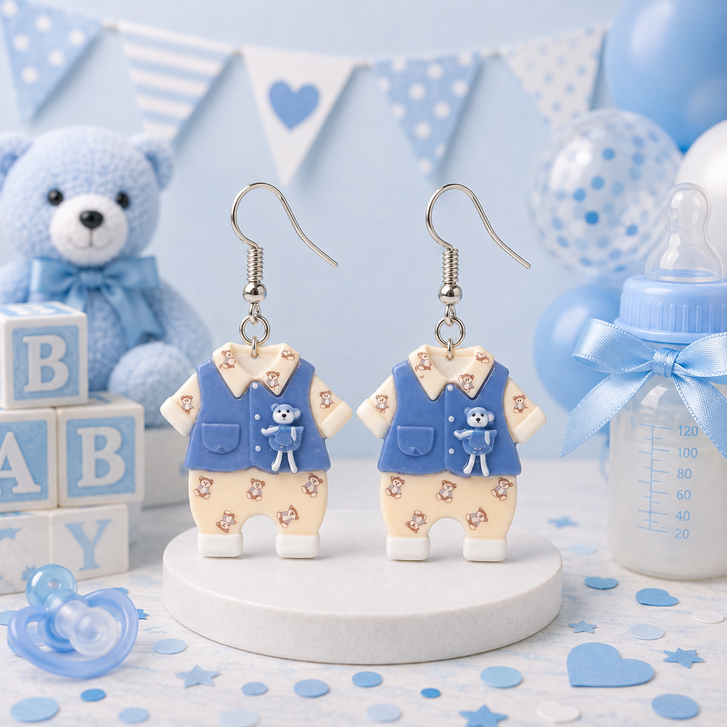 Teddy & Me baby boy outfit earrings – baby shower styled mockup