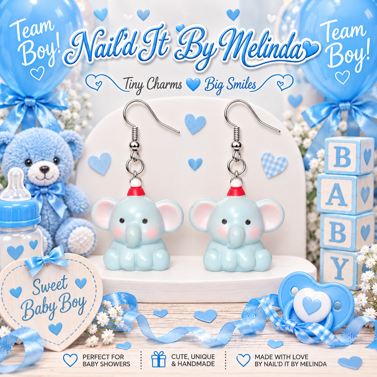 Tiny Trunks baby boy elephant earrings – Nail'd It By Melinda logo mockup