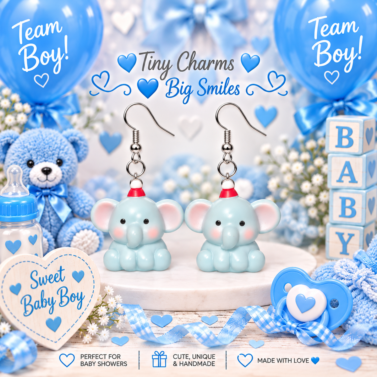 Tiny Trunks sweet baby boy blue elephant earrings with red hat – baby shower styled mockup
