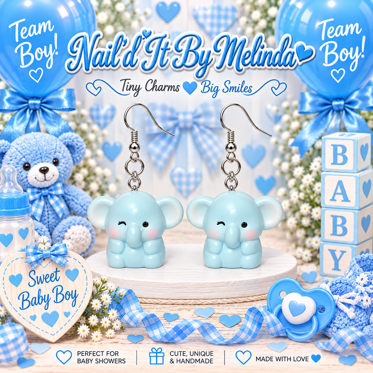 Wink Wink baby boy elephant earrings – Nail'd It By Melinda logo mockup