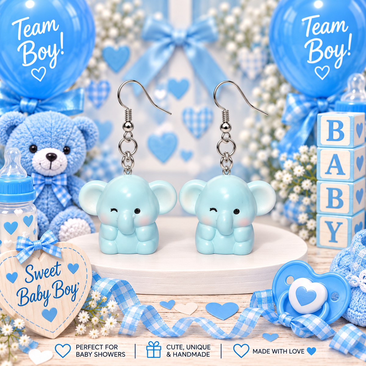 Wink Wink sweet baby boy winking elephant earrings – baby shower styled mockup