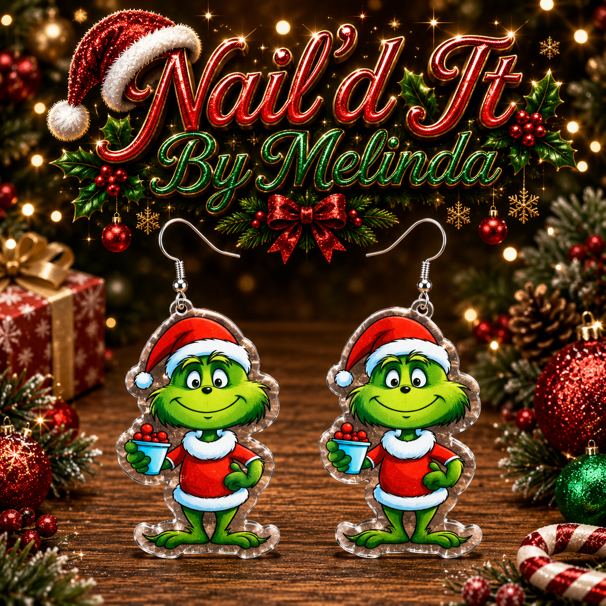 Happy Grinch Santa Cherries Acrylic Dangle Earrings
