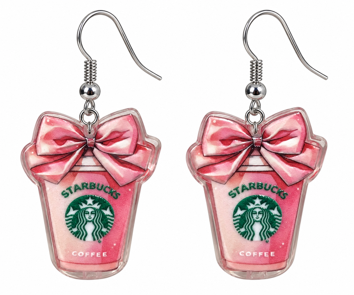 Starbucks pink cup dangle earrings with pink bow – product close-up on white background