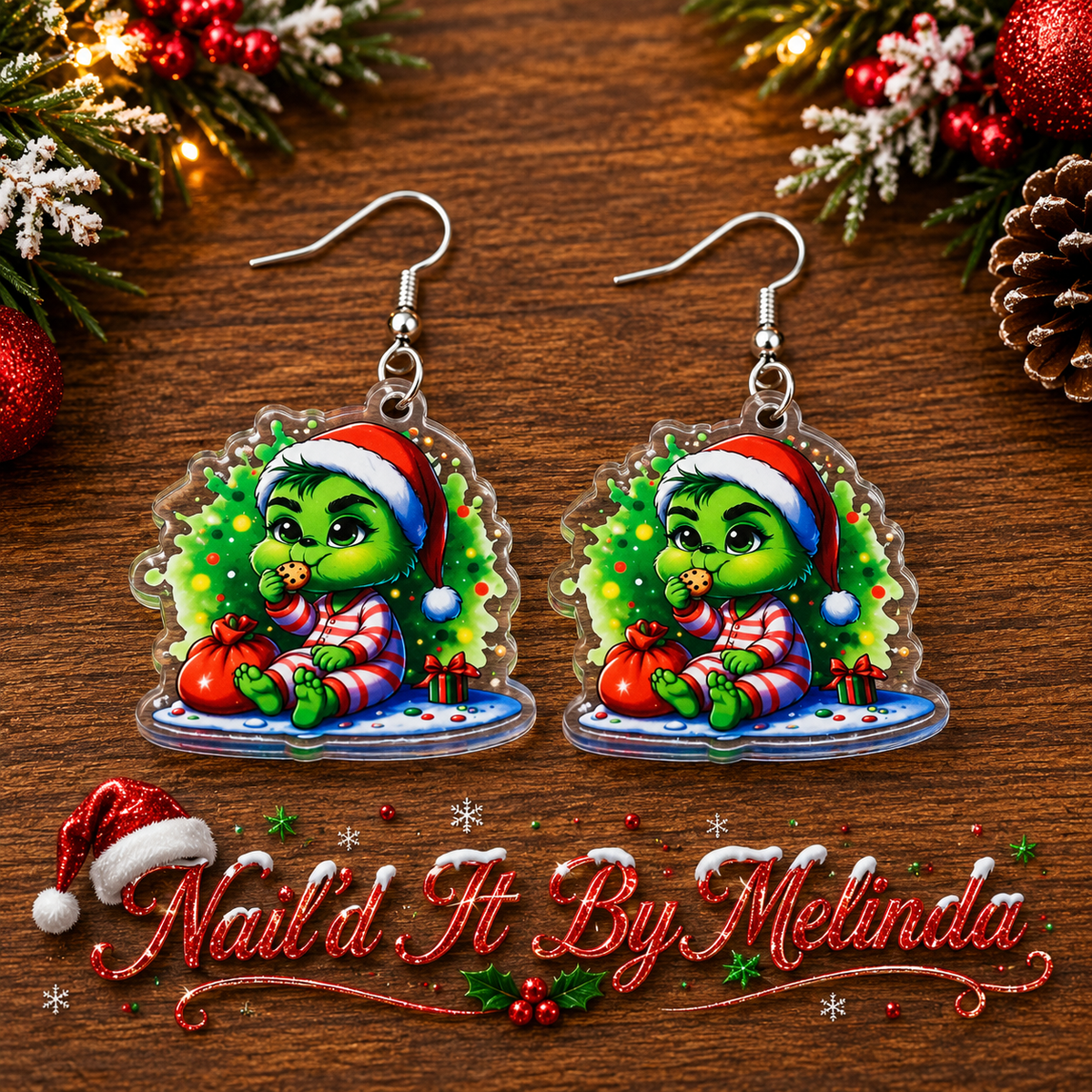 Baby Grinch Christmas Pajamas Cookie Acrylic Dangle Earrings