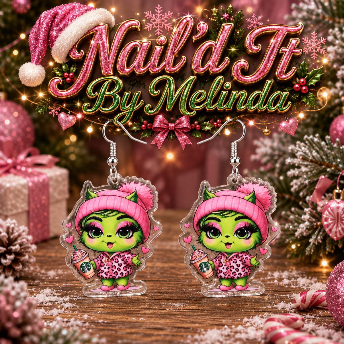Pink Leopard Grinch Girl Starbucks Acrylic Dangle Earrings