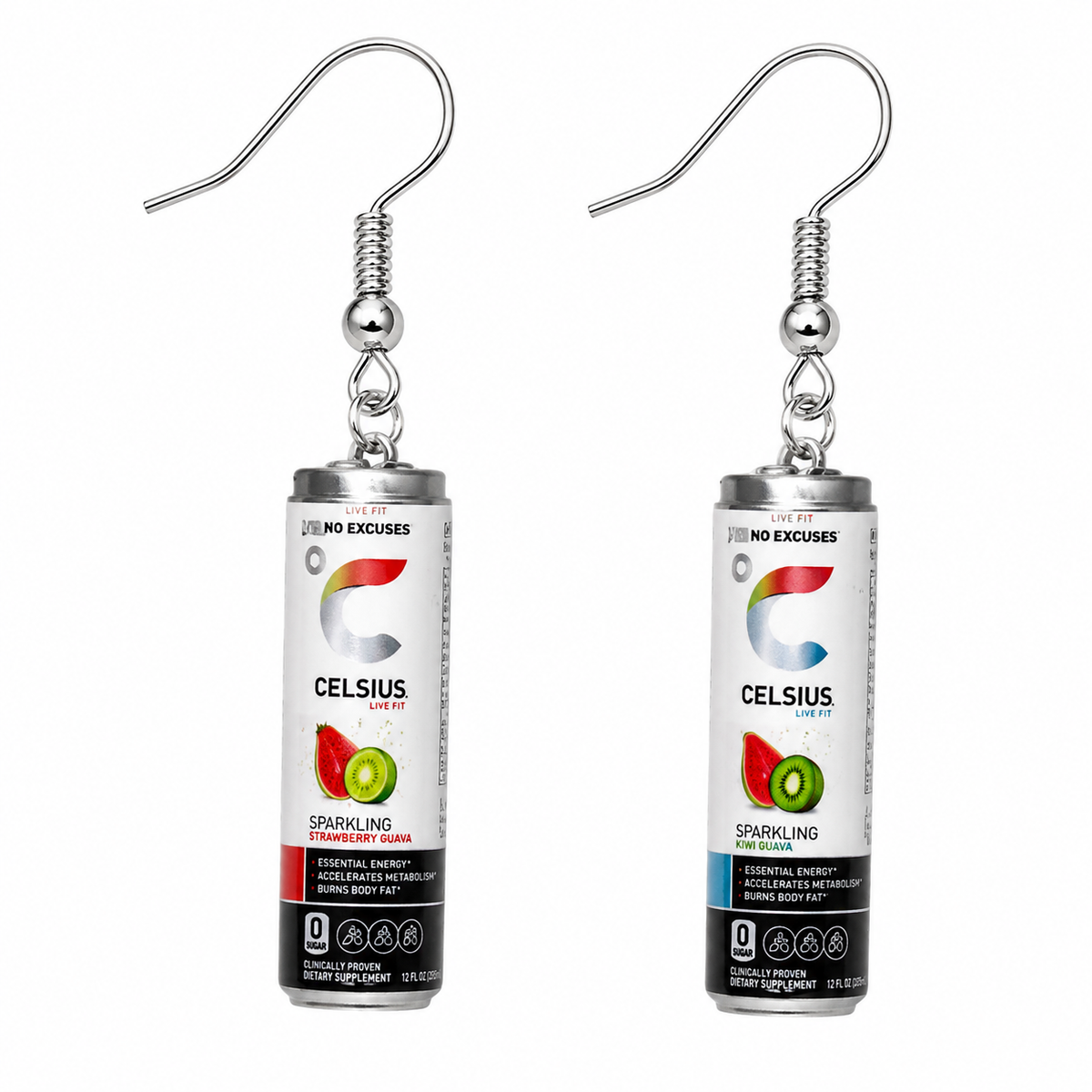 Celsius-inspired earrings showing Kiwi Guava and Strawberry Guava mini can charms on silver fishhook ear wires
