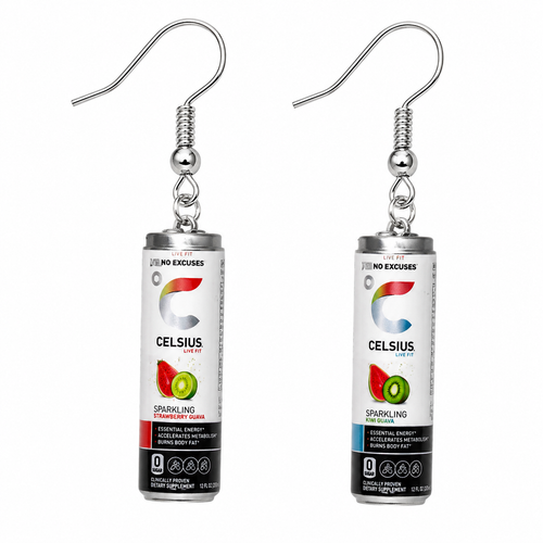 Celsius-inspired earrings showing Kiwi Guava and Strawberry Guava mini can charms on silver fishhook ear wires