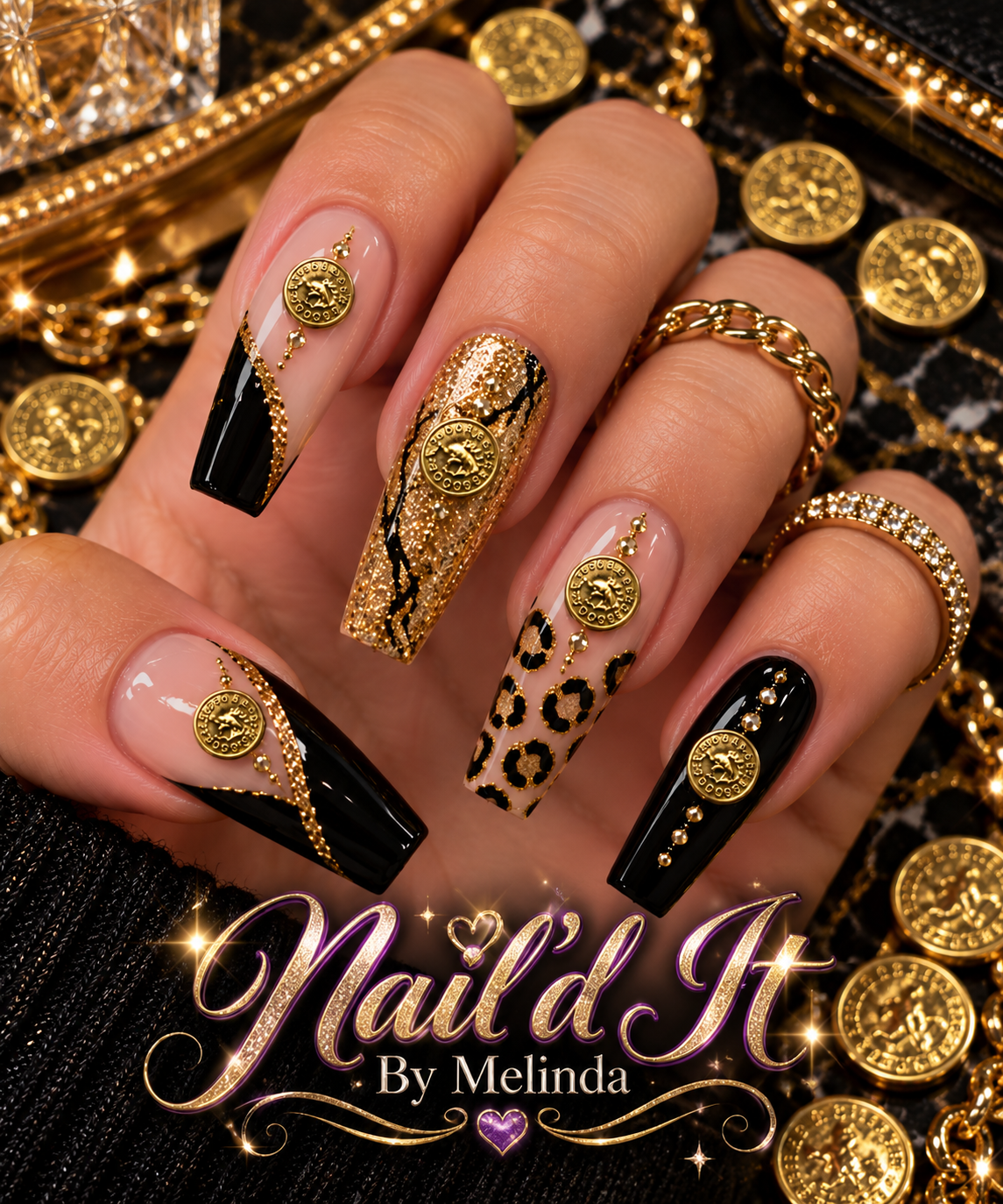 Goddess Coin Nail Charms lifestyle shot with Nail'd It By Melinda branding – opulent gold and black nail art