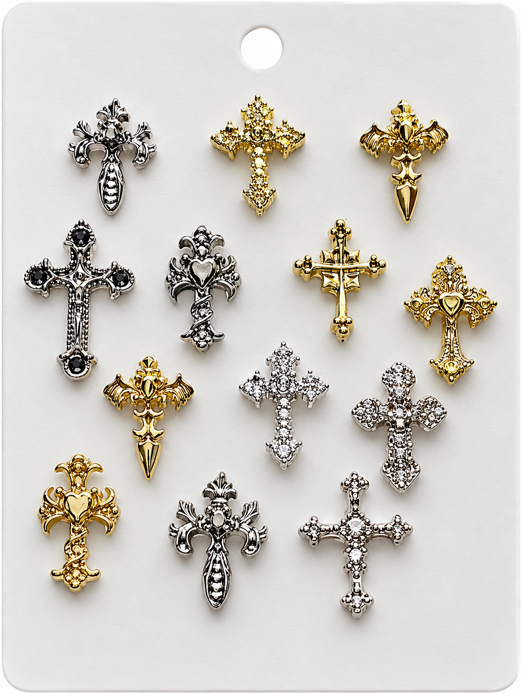 Gothic Cross Nail Charms – 13pc mixed assortment on card showing silver, gold, and gunmetal cross styles