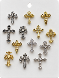 Gothic Cross Nail Charms – 13pc mixed assortment on card showing silver, gold, and gunmetal cross styles