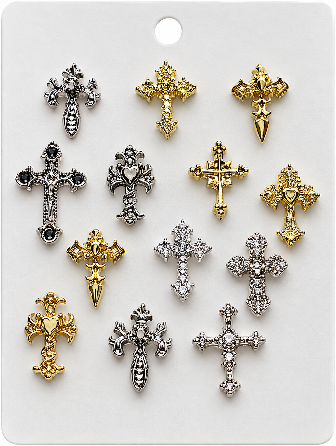 Gothic Cross Nail Charms – 13pc mixed assortment on card showing silver, gold, and gunmetal cross styles
