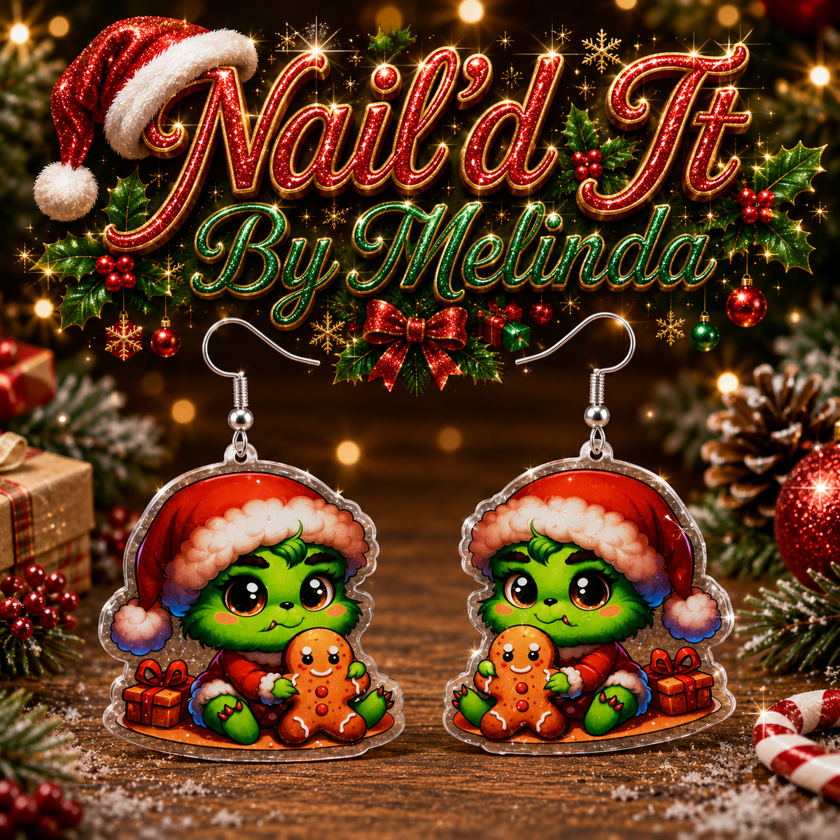 Baby Grinch Gingerbread Man Hug Acrylic Dangle Earrings