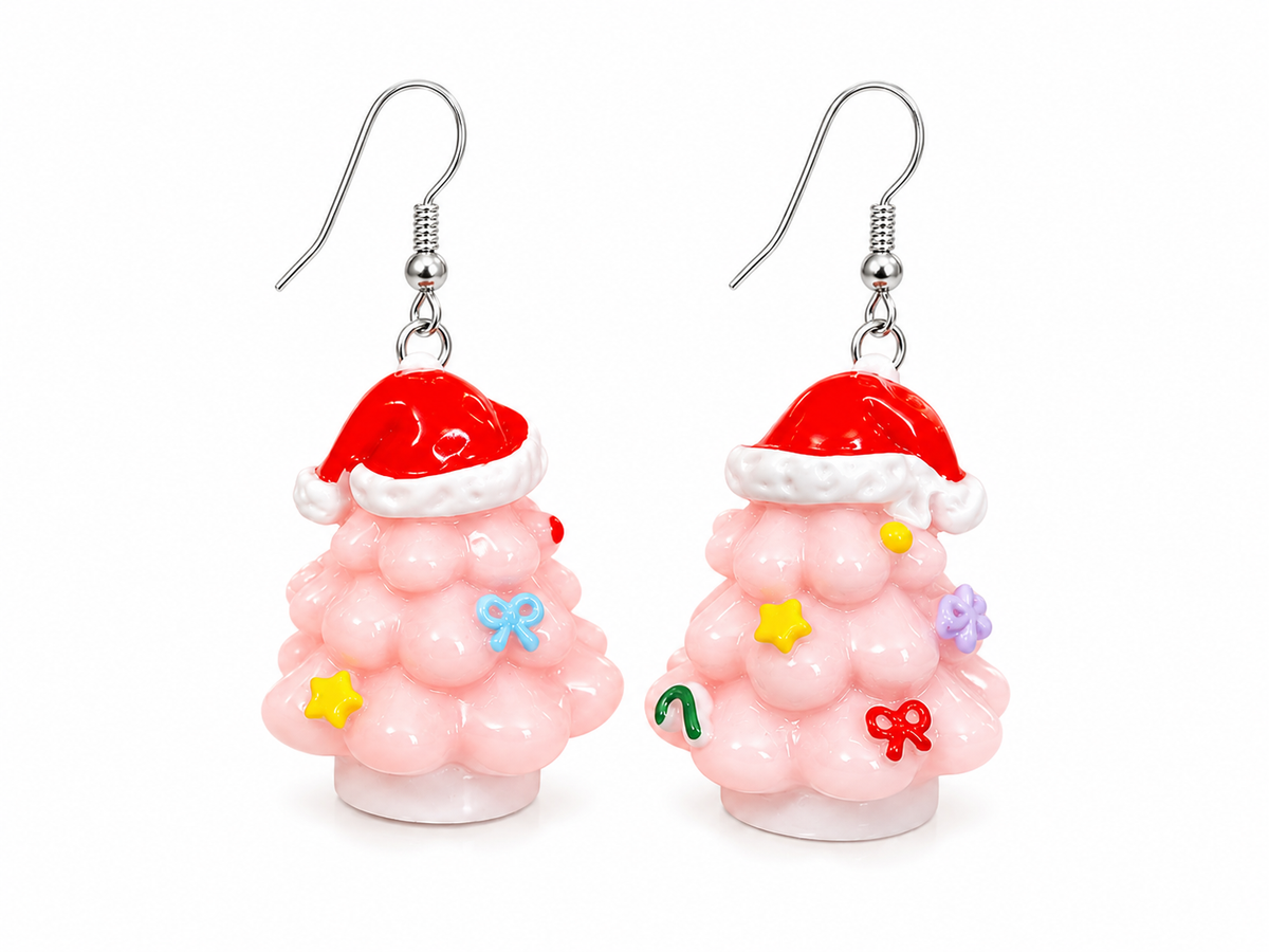 Pink bubble Christmas tree earrings with Santa hat and colorful charms