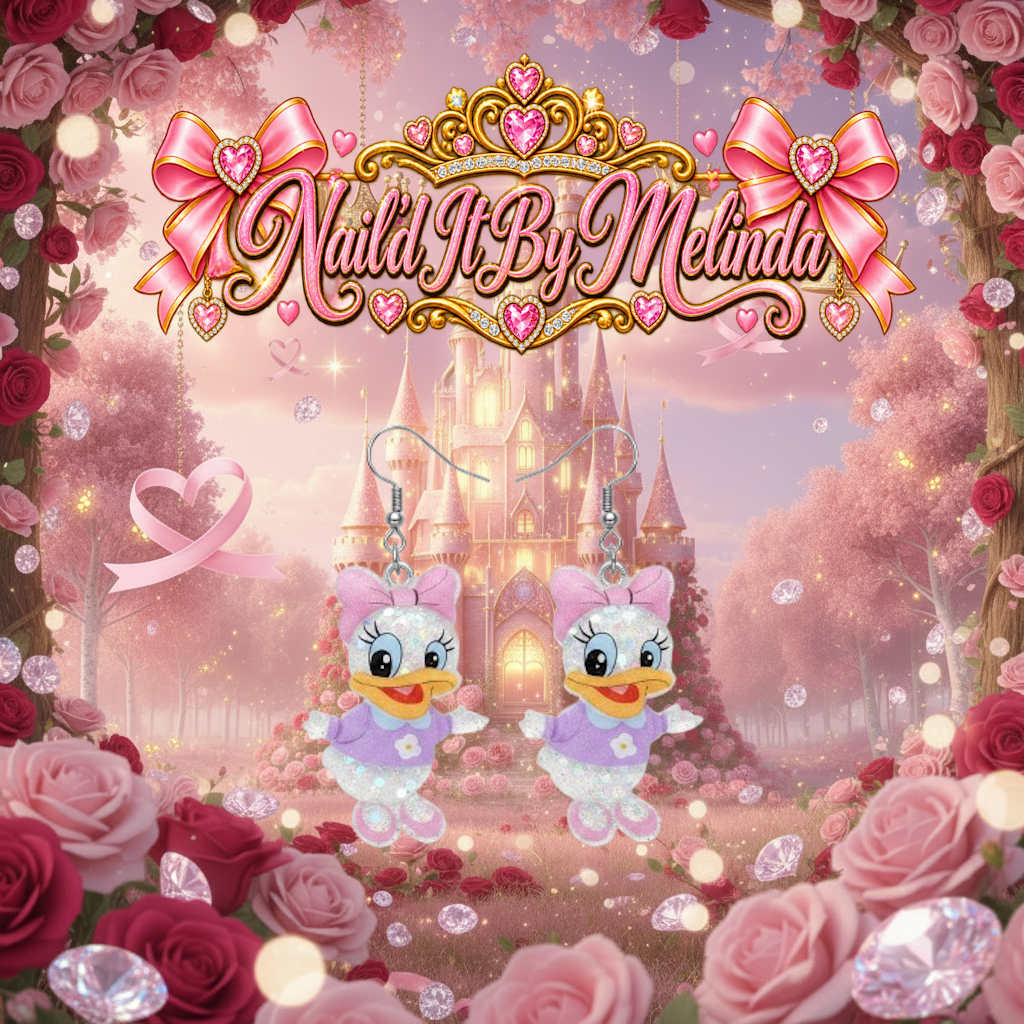 Daisy Duck Glitter Dangle Earrings - branded castle background