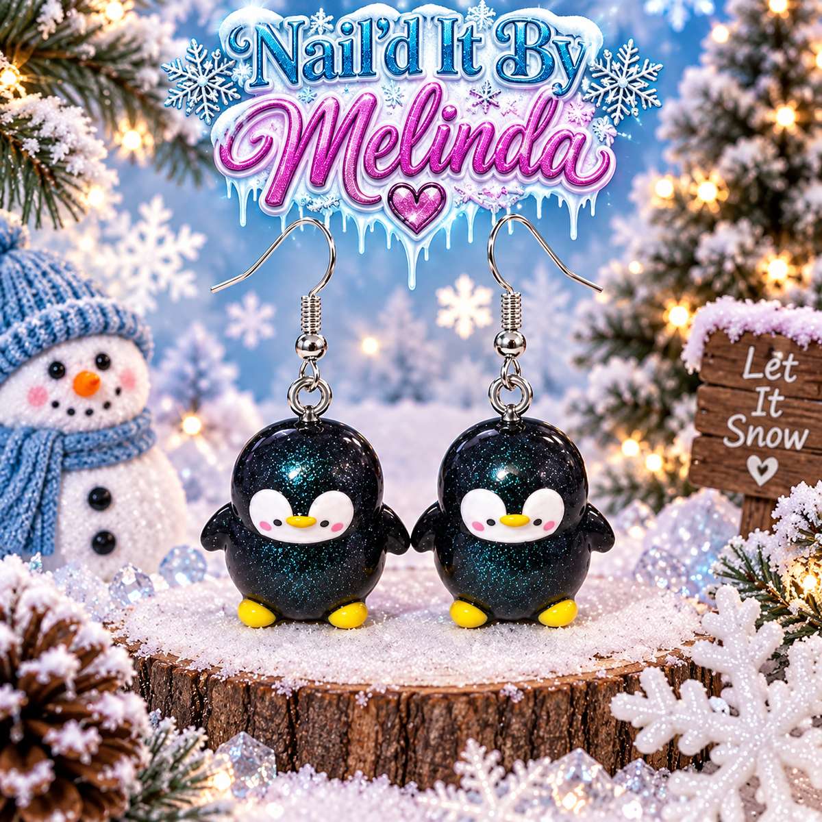 Galaxy Glitter Penguin Dangle Earrings - Nail'd It By Melinda logo winter scene