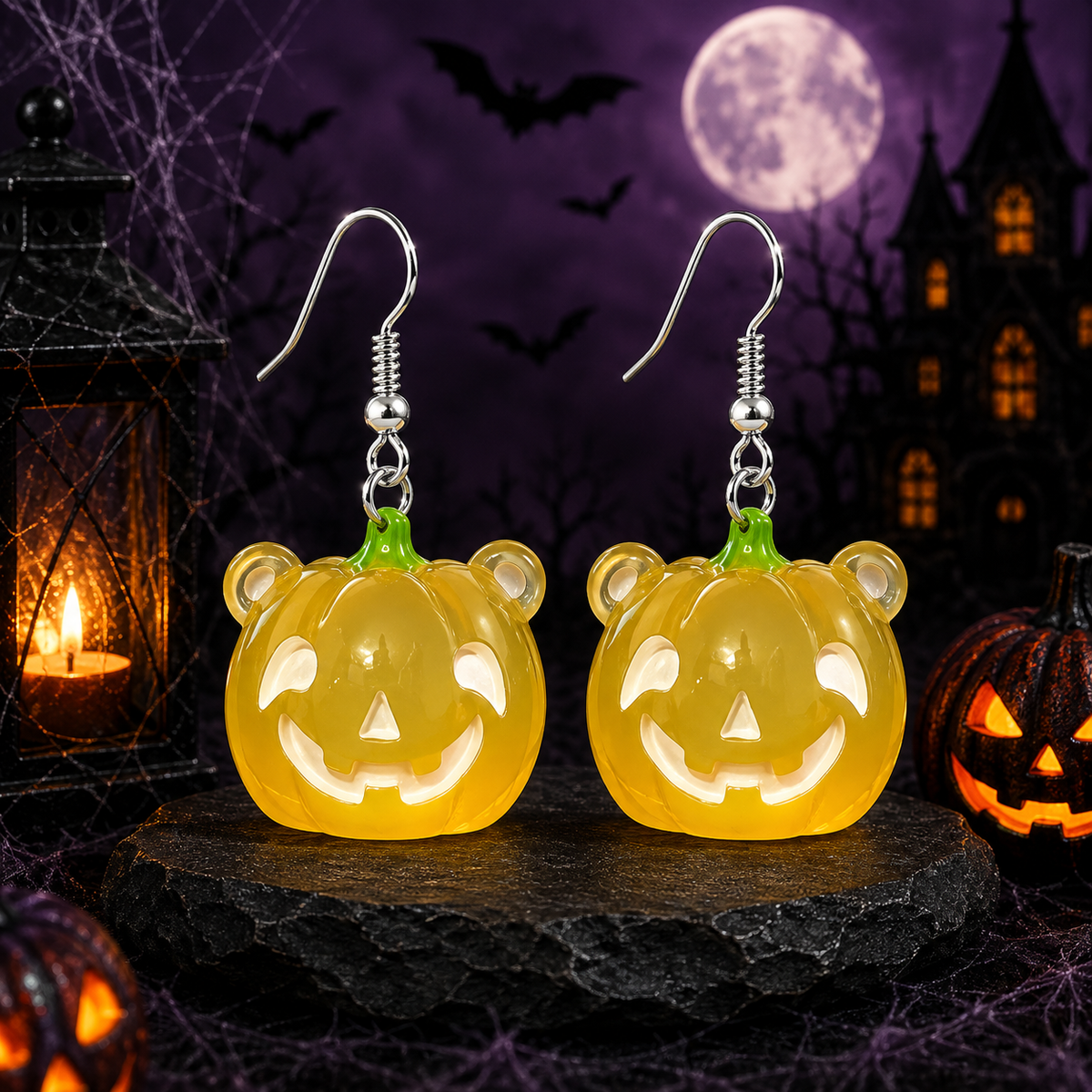 Spooky Pumpkin Dangle Earrings - Yellow