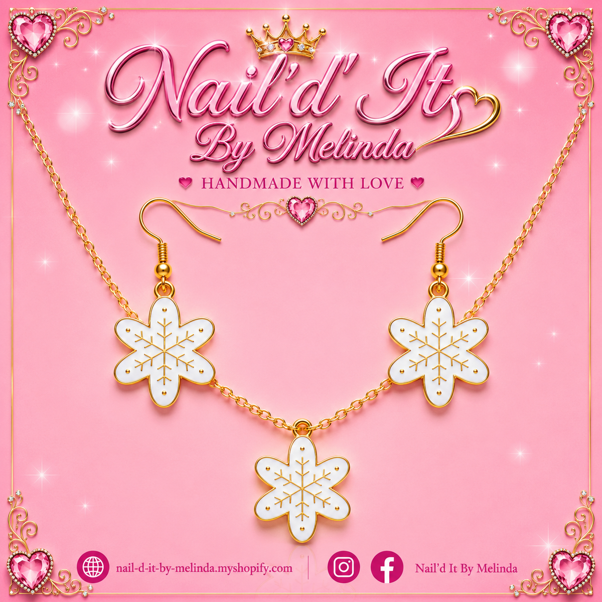 White Enamel Snowflake Flower Earring & Necklace Set – Pink with a Purpose