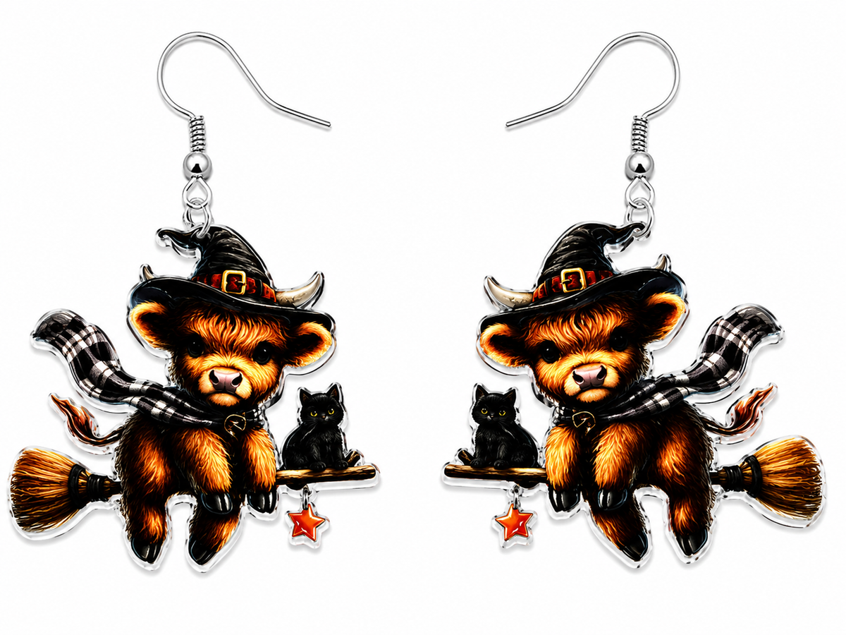 Halloween Highland Cow Witch Earrings