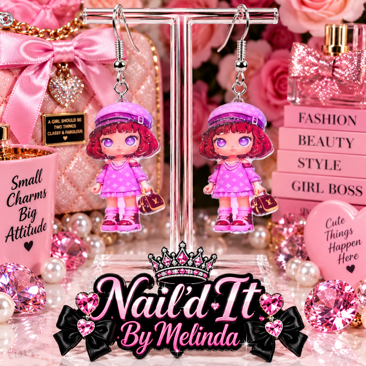 Classy & Fabulous Pink Fashion Doll LV Inspired Dangle Earrings on display stand with pink rose backdrop