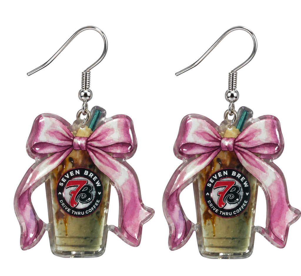 Seven Brew coffee dangle earrings with pink bow – product close-up