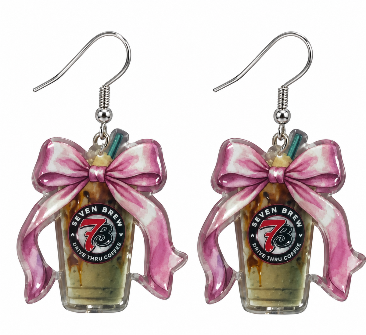 Seven Brew coffee dangle earrings with pink bow – product close-up