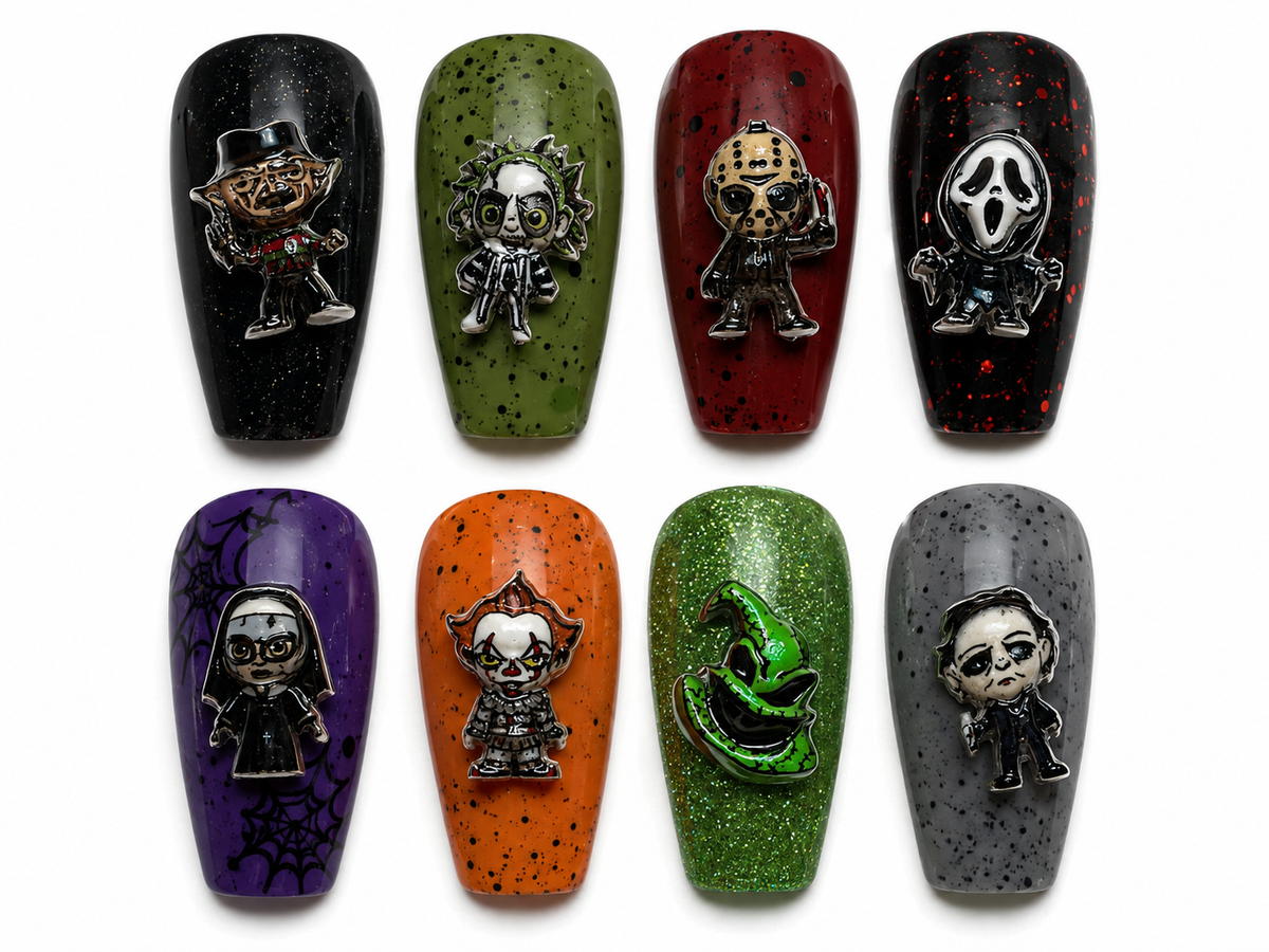 Halloween Horror Icons nail charms displayed on colorful nails