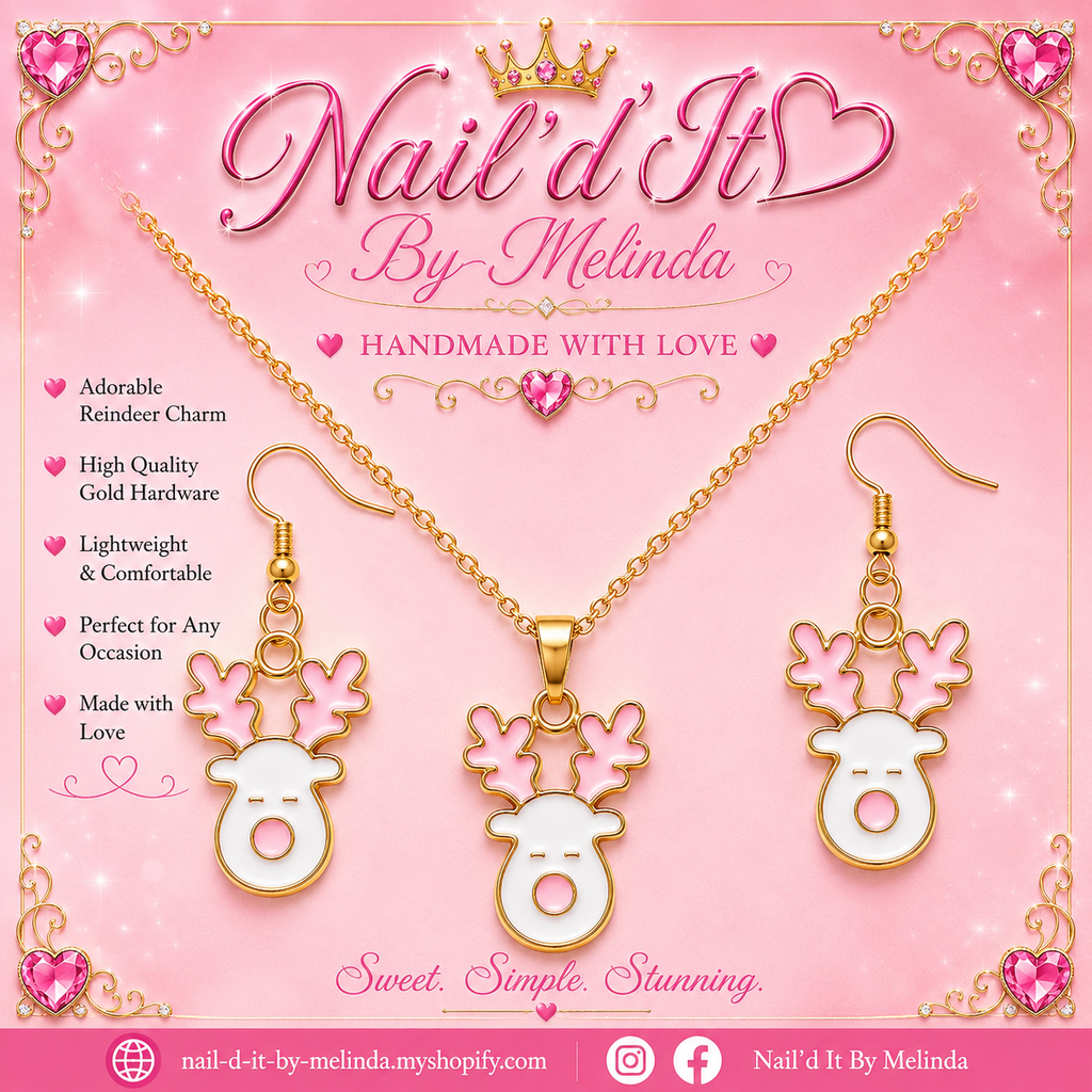 Pink & White Enamel Reindeer Face Earring & Necklace Set – Pink with a Purpose