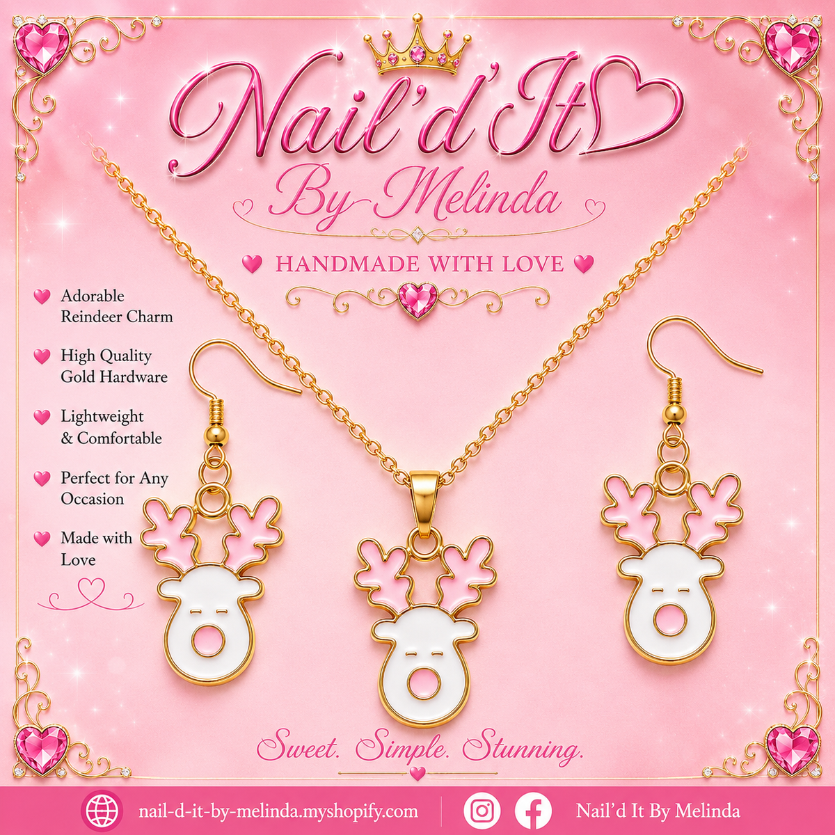 Pink & White Enamel Reindeer Face Earring & Necklace Set – Pink with a Purpose