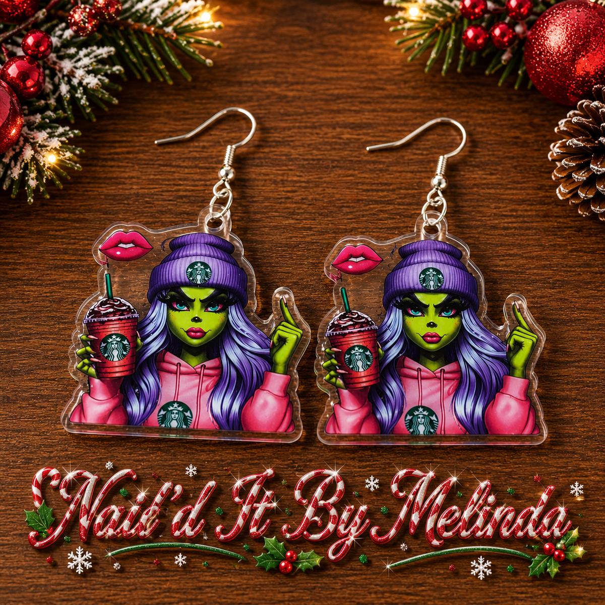 Baddie Grinch Girl Purple Hair Starbucks Holiday Cup Acrylic Dangle Earrings