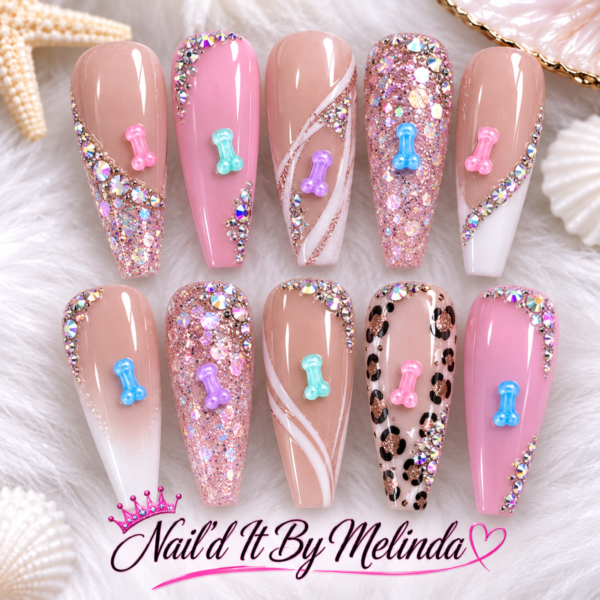 Too Cute To Be Naughty nail charms on glam nail designs