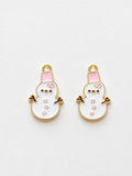 White and pink enamel snowman earrings with pink hat and gold border
