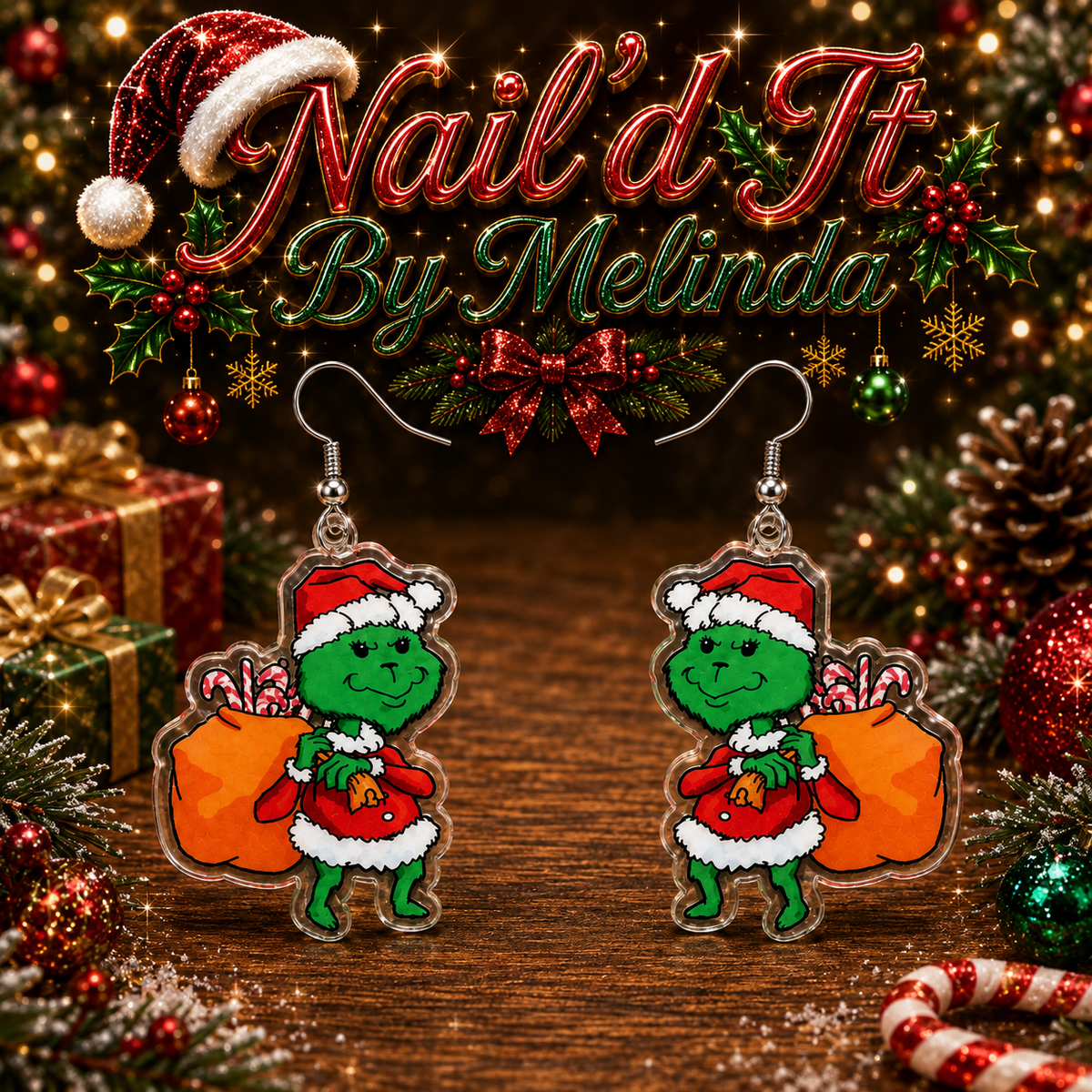 Sneaky Grinch Santa Stealing Gifts Candy Cane Acrylic Dangle Earrings