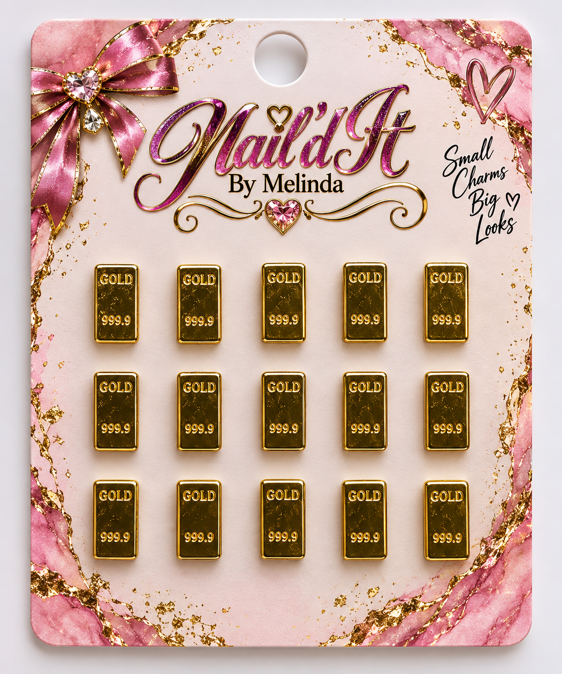 Gold Bar 999.9 Nail Charms – full 13pc set on branded Nail'd It By Melinda card